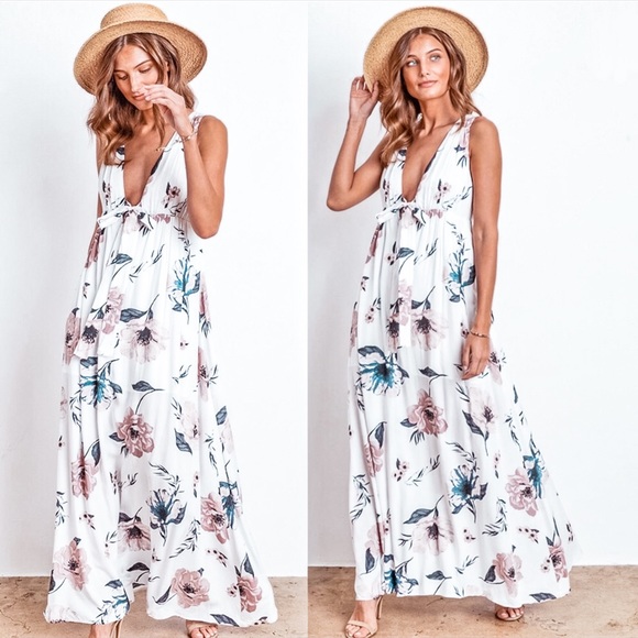 Floral Plunge Tie Front Maxi Dress | White - Picture 1 of 8